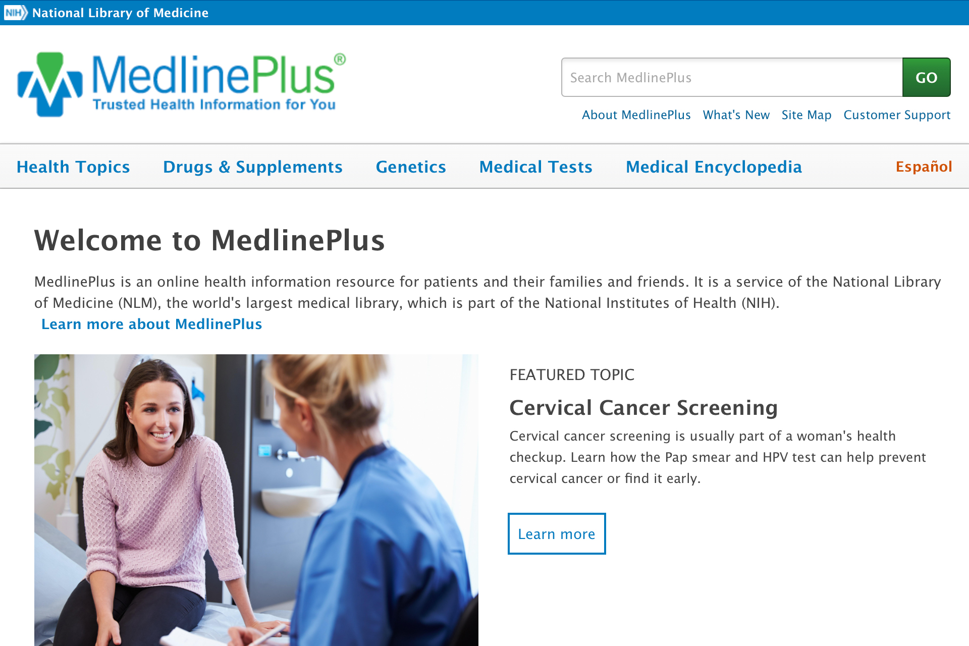 Screenshot of the homepage of MedlinePlus website.