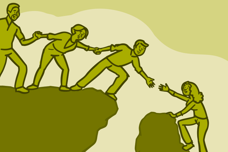 Illustration of a group of people helping a person over a crevice on a mountain