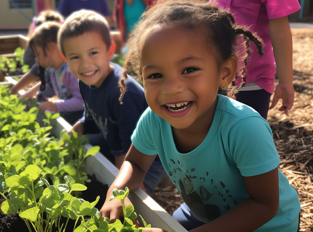 AI-generated young children tending to plants in a community garden.