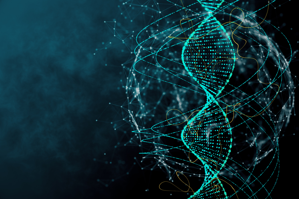 Illustration of DNA molecule with connecting networks and swirls all around it.