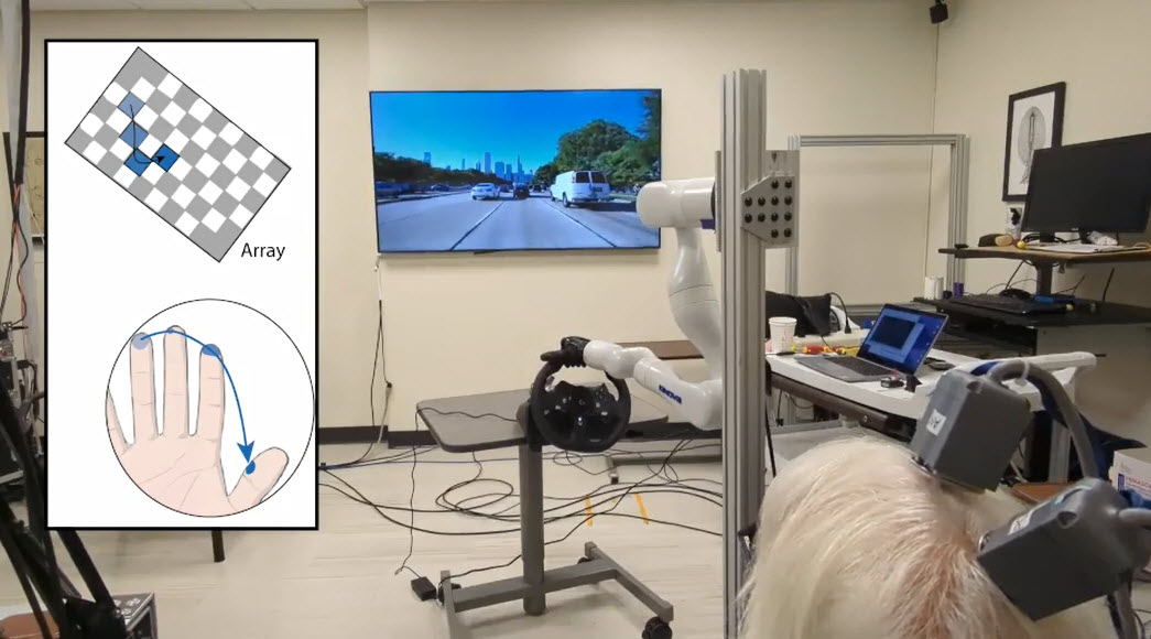 Man steers bionic arm in response to intracortical microstimulation signals. Man with two devices implanted in his brain before a bionic arm controlling a steering wheel and a screen showing traffic. An inset illustration shows movement across a grid reflected on fingers.