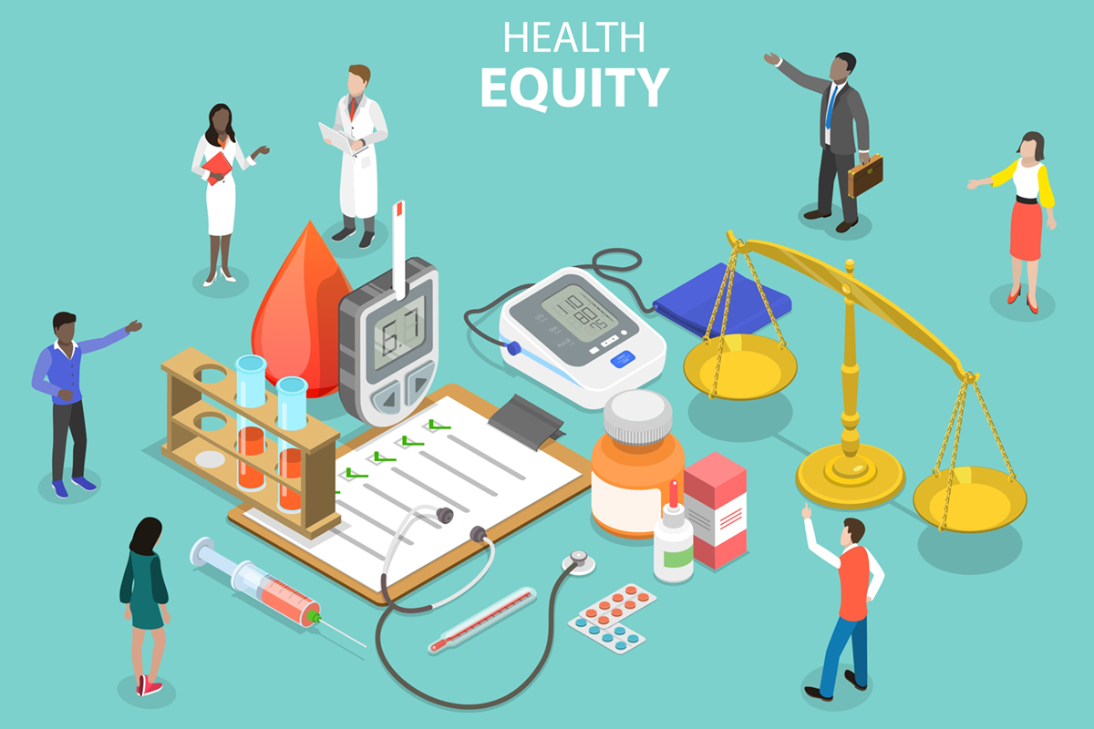 Medical equipment, medicine and scales of justice surrounded by diverse individuals. 