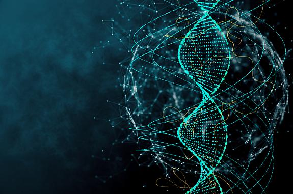 Illustration of DNA molecule with connecting networks and swirls all around it.