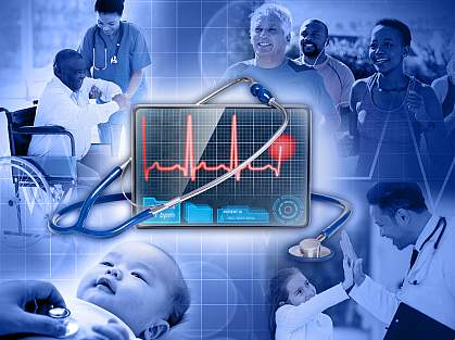 Composite graphic of health-focused imagery Composite graphic of health-focused imagery, with four groups of people in each of the four corners of the image surrounding a heartbeat monitor.