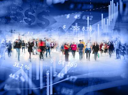 Composite graphic of imagery representing society Composite graphic of imagery representing society. This includes a crowd of people in the center, surrounded by images of a stock ticker, percentages, arrows and graphs.