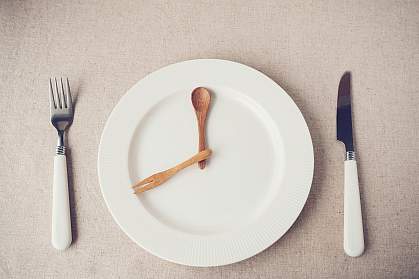 White plate with knife and fork representing hands of a clock.