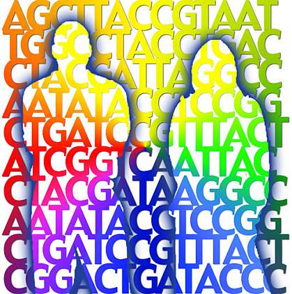 Silhouette of people behind colorful combinations of A,T,C and G Silhouette of people behind colorful combinations of A,T,C and G
