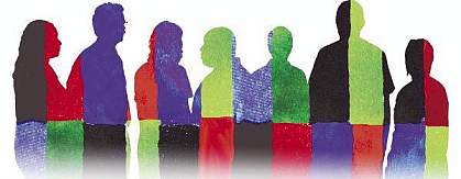 Silhouettes of people in diverse primary colors Silhouettes of people in diverse primary colors