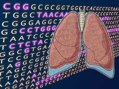 An illustration of the lungs with a DNA sequence in the background