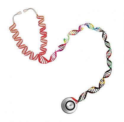 Illustration of a stethoscope with its rubber tubing replaced by DNA's double helix Illustration of a stethoscope with its rubber tubing replaced by DNA's double helix
