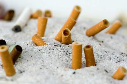 Photo of cigarettes snuffed out in a communal ashtray Photo of cigarettes snuffed out in a communal ashtray
