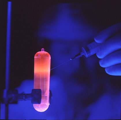 Under blue light, researcher uses a syringe to extract purified DNA, which glows orange, from a tube Under blue light, researcher uses a syringe to extract purified DNA, which glows orange, from a tube