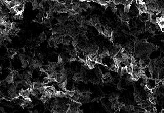 Photo of electron micrograph showing a sponge-like porous material Photo of electron micrograph showing a sponge-like porous material