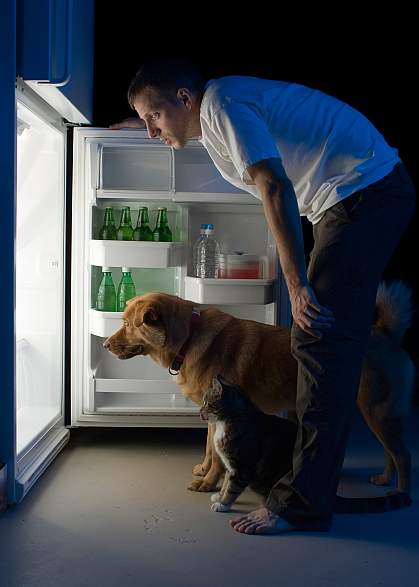 photo of a man and his dog looking into a refrigerator late at night