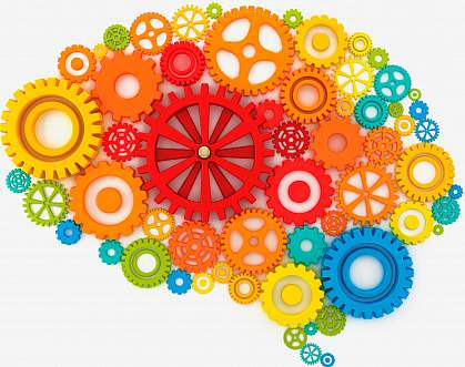 Illustration of colorful gears forming the shape of a human brain Illustration of colorful gears forming the shape of a human brain