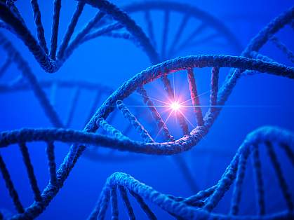 DNA with bright spot representing a mutation DNA with bright spot representing a mutation.