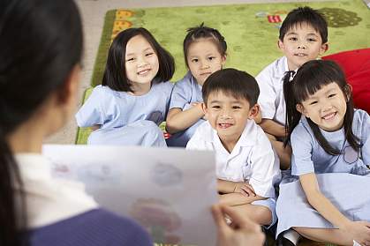 Teacher with students in Chinese classroom.