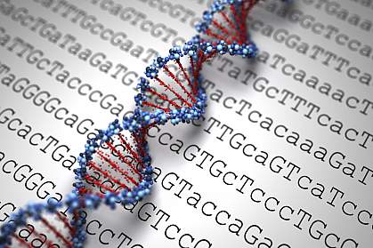 Illustration of DNA on a background of genetic code.