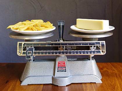 A balance scale with pasta/carbs weighed against butter/fat. A balance scale with pasta/carbs weighed against butter/fat.
