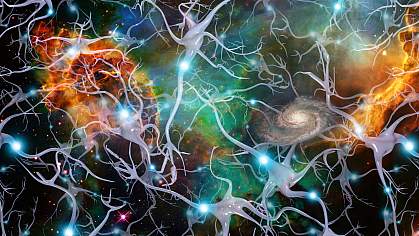 Illustration of neurons with cosmic images in background Illustration of neurons with cosmic images in background