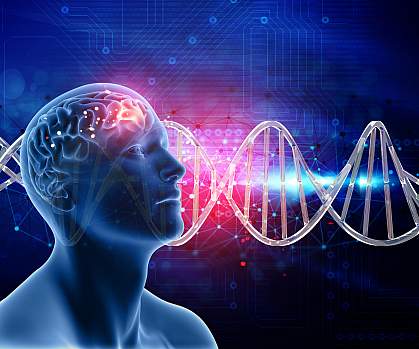 Illustration of male head and brain with DNA strands in background llustration of male head and brain with DNA strands in background