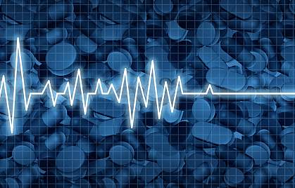 Illustration of an electrocardiogram of cardiac arrest on a background of pills Illustration of an electrocardiogram of cardiac arrest on a background of pills
