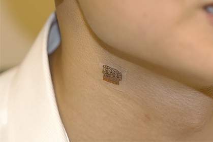 Wearable ultrasound patch on neck. Wearable ultrasound patch on neck.