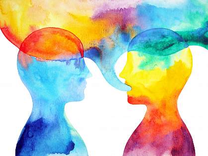 Illustration of one person speaking to another Illustration of one person speaking to another