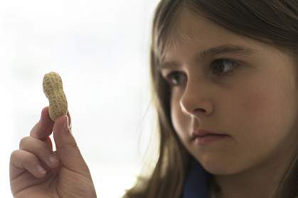 Girl looking skeptically at a peanut Girl looking skeptically at a peanut