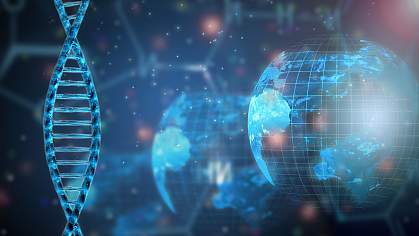 Illustration of DNA strands and globe Illustration of DNA strands and globe