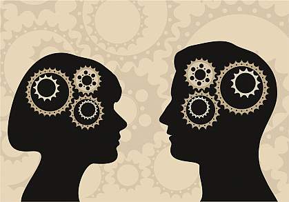 Silhouettes of a man and woman with gears in heads Silhouettes of a man and woman with gears in heads