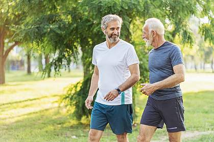 Two senior men walking and talking in the park Two senior men walking and talking in the park