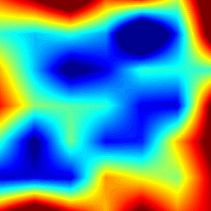 Heat map of room showing red areas near the edges and blue near the middle Heat map of room showing red areas near the edges and blue near the middle