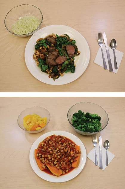 Beef stir-fry with cauliflower rice, top, and baked sweet potatoes and chickpeas with broccoli and oranges, bottom