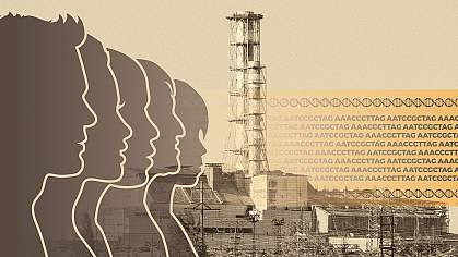 Silhouettes of adults and children and DNA code over a photo of the Chernobyl nuclear power plant. Silhouettes of adults and children and DNA code over a photo of the Chernobyl nuclear power plant.