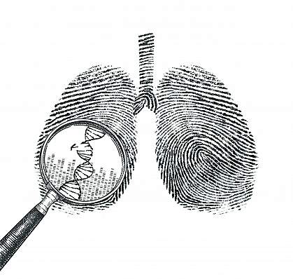 Illustration of lungs made up of DNA sequences, with a magnifying glass showing a broken DNA strand. Illustration of lungs made up of DNA sequences, with a magnifying glass showing a broken DNA strand.