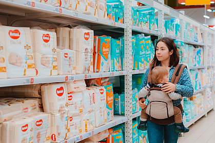 Mother picking out diapers at a store with a baby in a sling Mother picking out diapers at a store with a baby in a sling
