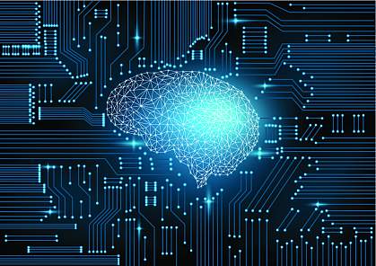 Illustration of a brain on a circuit board, with one area brightened Illustration of a brain on a circuit board, with one area brightened