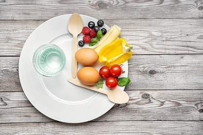 Plate as clock with food between twelve and four.