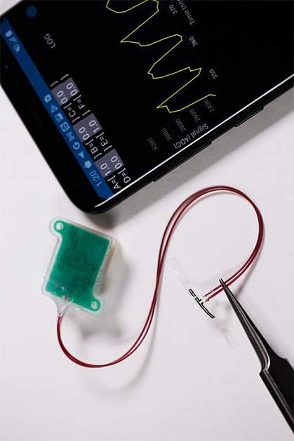 Photo of a stretchable sensor with a thin wire connecting it to a green rectangular device, along with smartphone screen showing measurements. Photo of a stretchable sensor with a thin wire connecting it to a green rectangular device, along with smartphone screen showing measurements.