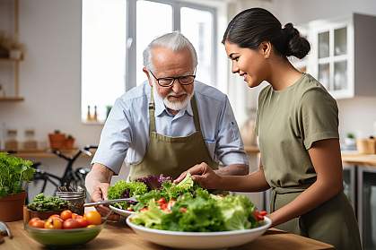 A young woman and older man preparing a salad. A young woman and older man preparing a salad.