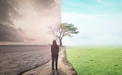 Woman standing on a road between a bleak, desolate area and a lush, green area.