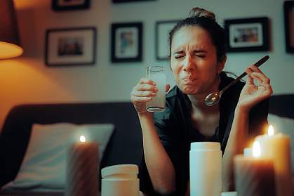 Woman on a couch grimacing at the taste of a drink she has mixed. Woman on a couch grimacing at the taste of a drink she has mixed.