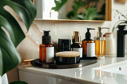 Various personal care products in a bathroom. Various personal care products in a bathroom.