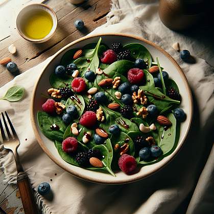 Fresh spinach salad with strawberries, blueberries, raspberries, and assorted nuts. Fresh spinach salad with strawberries, blueberries, raspberries, and assorted nuts.