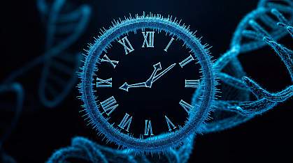 Futuristic illustration of a clock on a DNA helix, all glowing blue on dark background. Futuristic illustration of a clock on a DNA helix, all glowing blue on dark background.