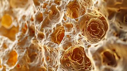 Illustration of healthy bone marrow showing spongy texture and cells within.