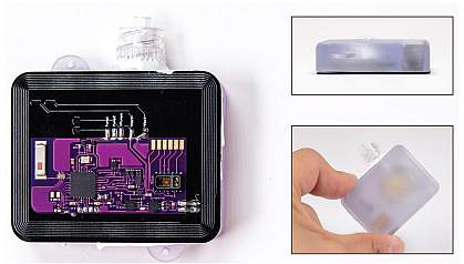 Photos of Naloximeter circuits, a side view of the device, and a top view of the device held between a finger and thumb. Photos of Naloximeter circuits, a side view of the device, and a top view of the device held between a finger and thumb.