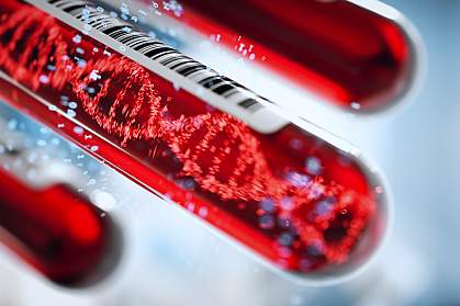 Illustration of DNA inside a test tube with a blood sample. Illustration of DNA inside a test tube with a blood sample.