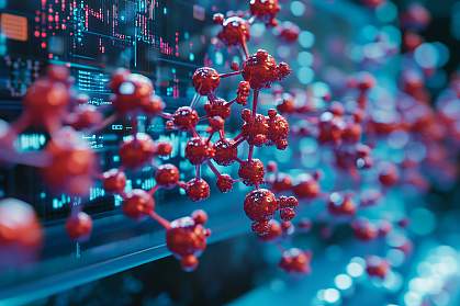 Illustration of a molecular structure emerging from a computer screen. Illustration of a molecular structure emerging from a computer screen.